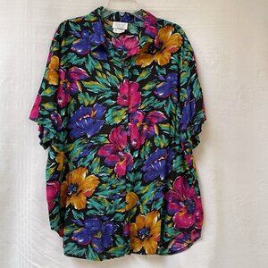 Vintage Fritzi Blouse Womens 2X Button Up Shirt Multicolor Floral Short Sleeve‎